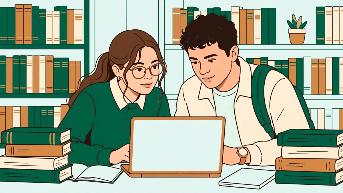 Deux étudiantes en bibliothèque qui préparent un exposé avec des livres et un ordinateur portable.