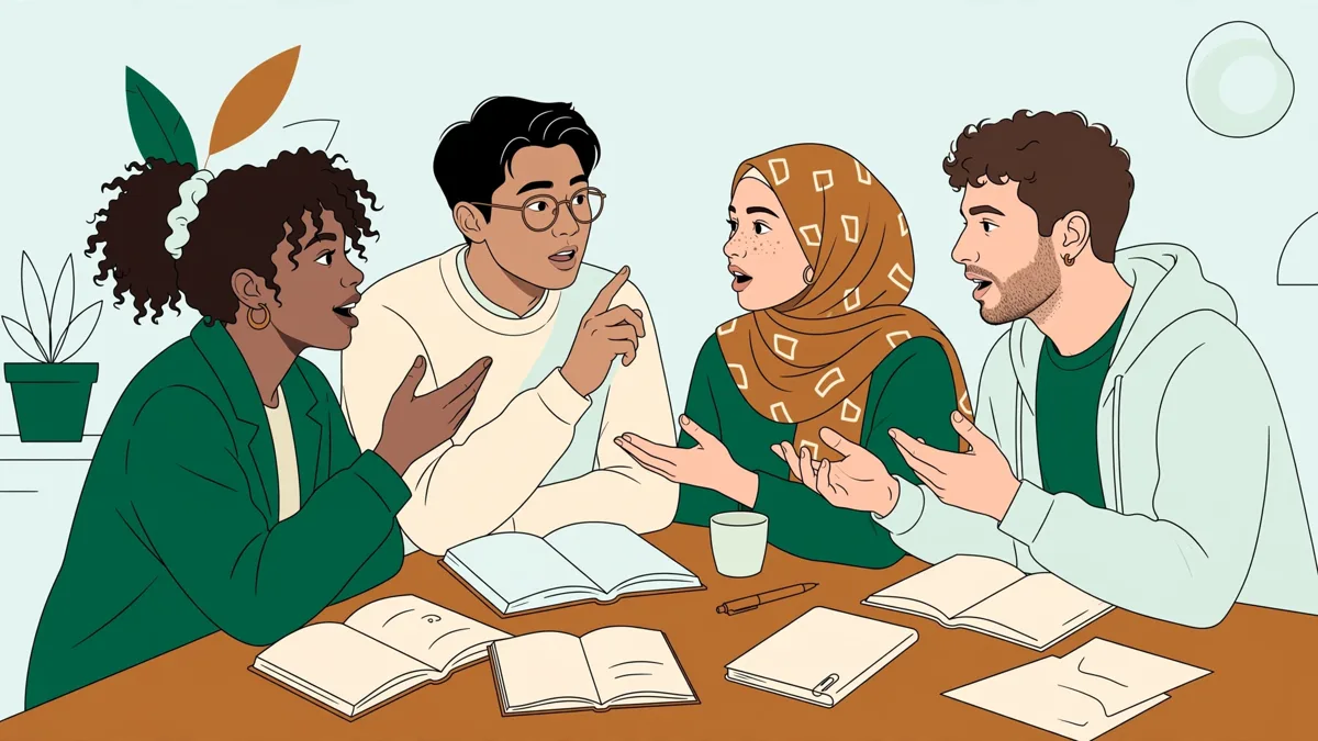 Petit groupe d'étudiants autour d'une table qui débattent d'un livre en portugais ouvert devant eux.