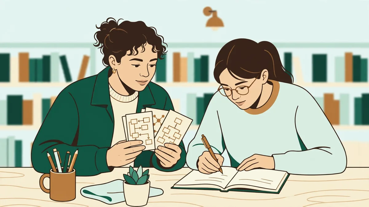 Deux étudiantes qui révisent ensemble, l'une avec des fiches d'anatomie schématique et l'autre avec un cahier d'anglais ouvert