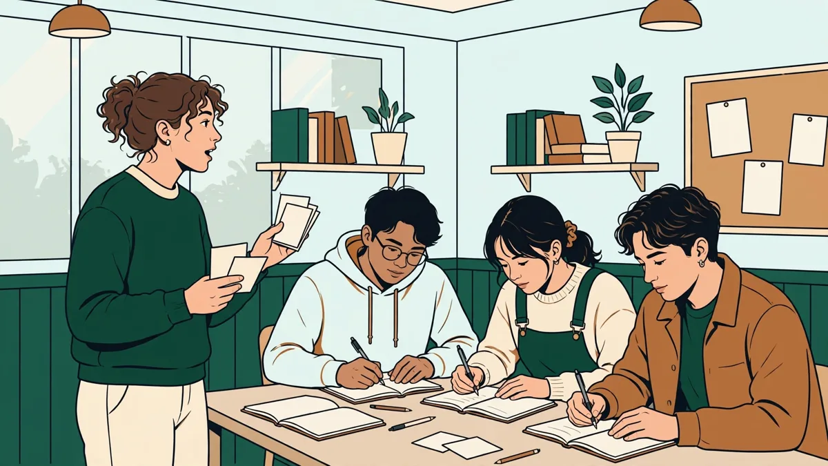 Quatre étudiants autour d'une table en TD d'anglais, l'une parle debout avec des fiches pendant que les autres prennent des notes