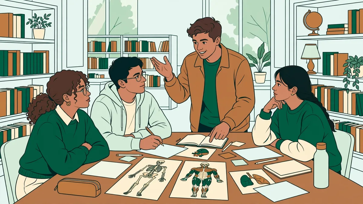 Quatre étudiants qui révisent ensemble autour d'une table de bibliothèque, fiches et schémas d'anatomie étalés, l'une expliquant aux autres.