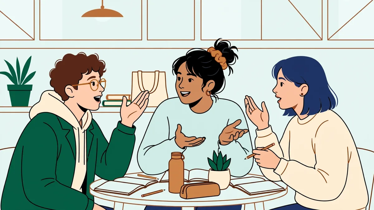 Trois étudiants autour d'une petite table qui répètent un dialogue à voix haute, gestes expressifs, carnets ouverts, en salle de cours lumineuse.