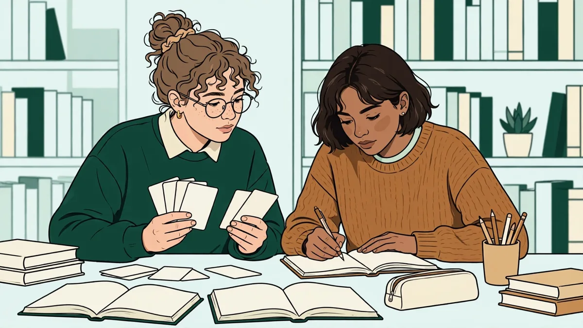 Deux étudiantes en bibliothèque universitaire, l'une révise des fiches de santé et l'autre un cahier de vocabulaire vietnamien.