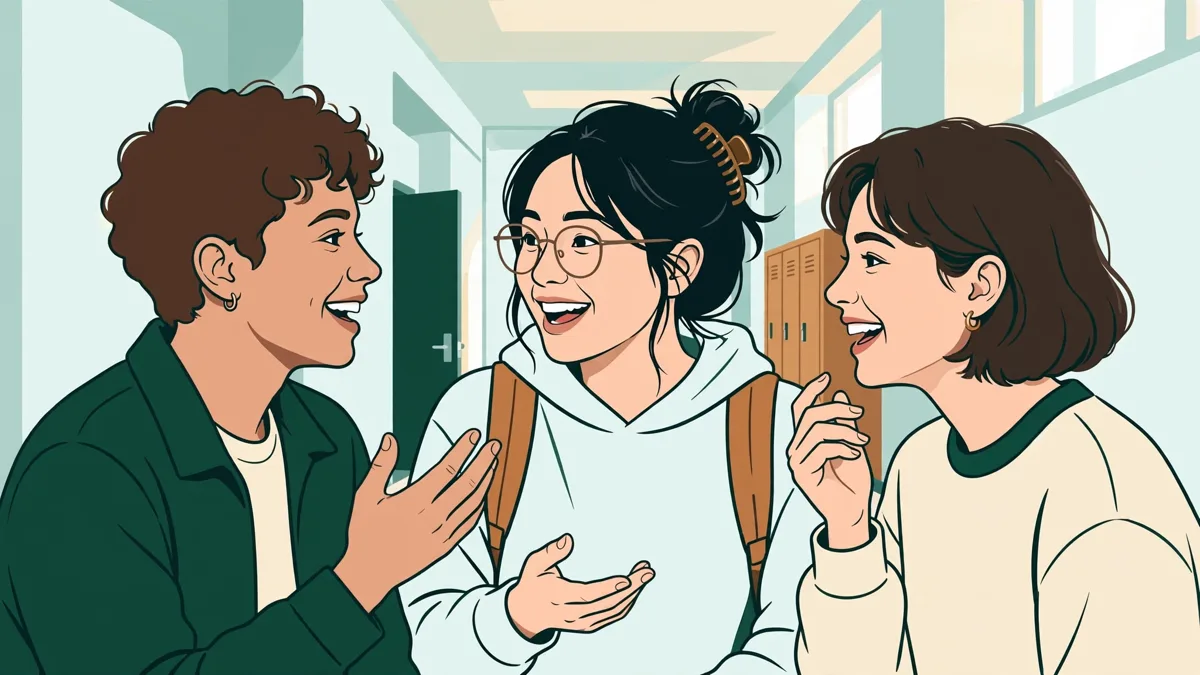 Trois étudiants en conversation en espagnol dans un couloir d'université, l'une avec un sac à dos d'échange
