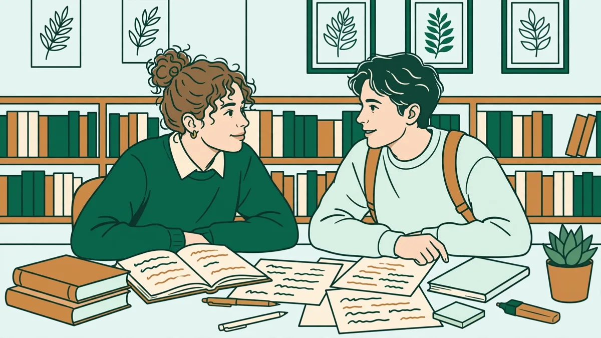 Deux étudiantes en train de comparer leurs traductions d'un texte espagnol autour d'une table de bibliothèque
