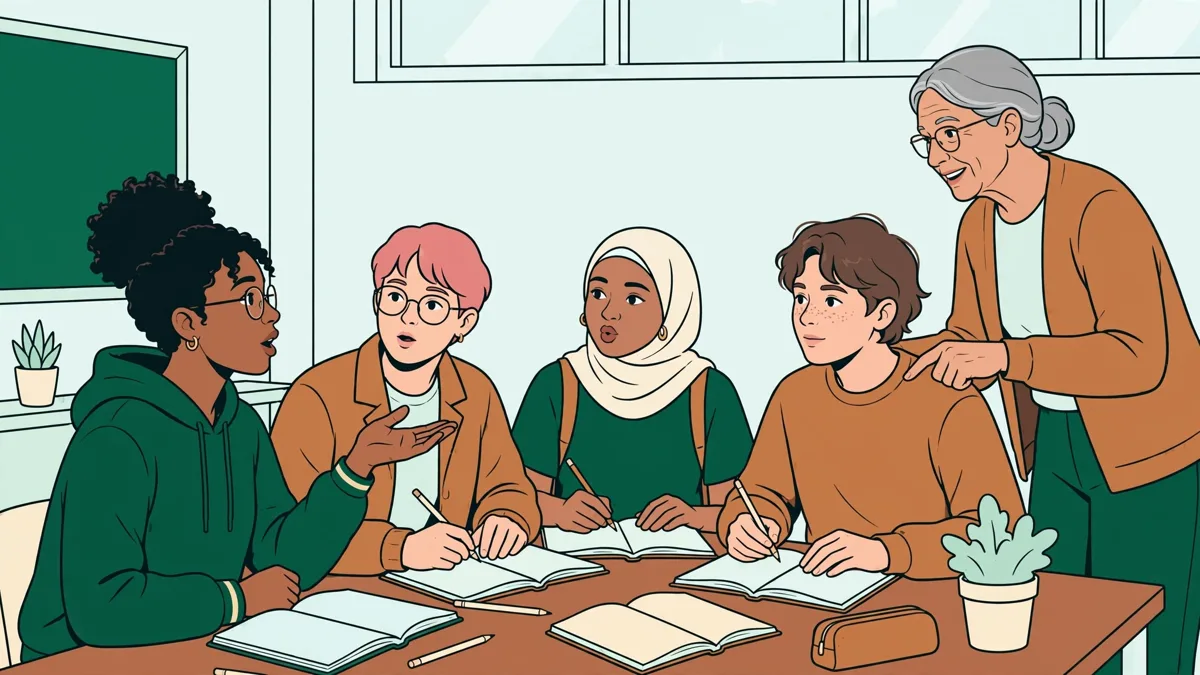 Petit groupe d'étudiants qui pratiquent une langue rare à l'oral en cours, cahiers ouverts