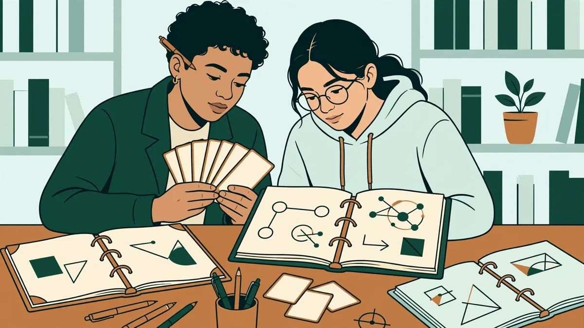 Deux étudiantes qui alternent fiches de vocabulaire et révisions de santé en bibliothèque