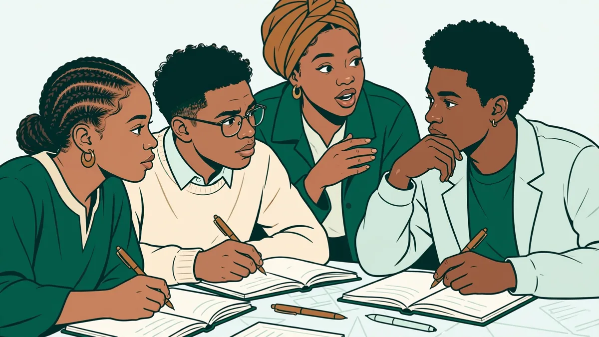 Quatre étudiants autour d'une table qui répètent un dialogue en wolof, l'un parle pendant que les autres écoutent et prennent des notes.
