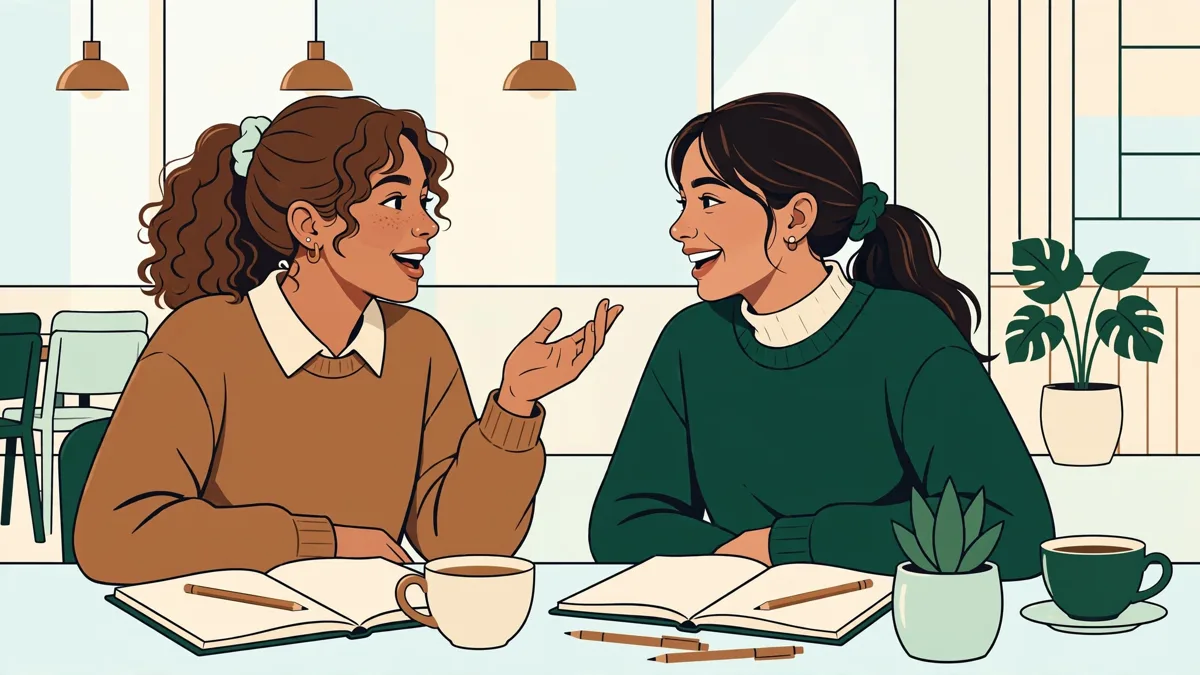 Deux étudiantes en tandem linguistique dans une cafétéria universitaire, l'une germanophone et l'autre française, en pleine conversation animée.