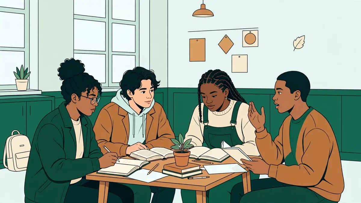 Quatre étudiants autour d'une table qui comparent leurs traductions d'un texte allemand, dictionnaires et carnets ouverts.