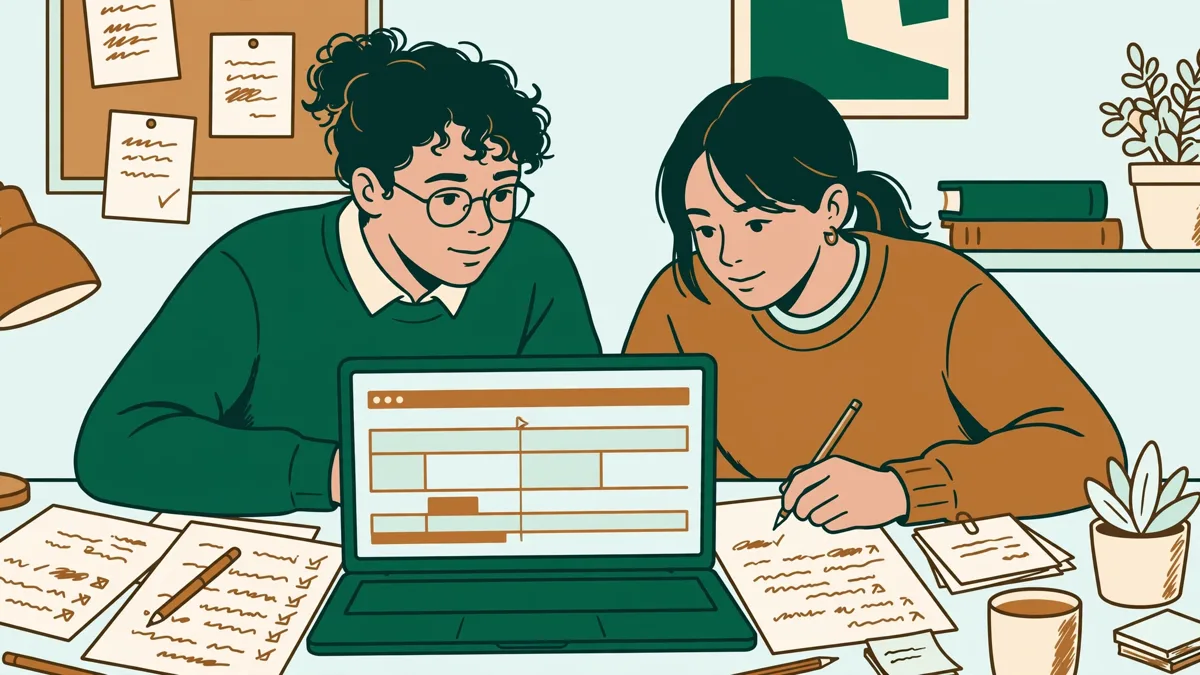 Deux étudiantes devant un ordinateur portable relisent un script annoté en préparant des sous-titres pour une vidéo