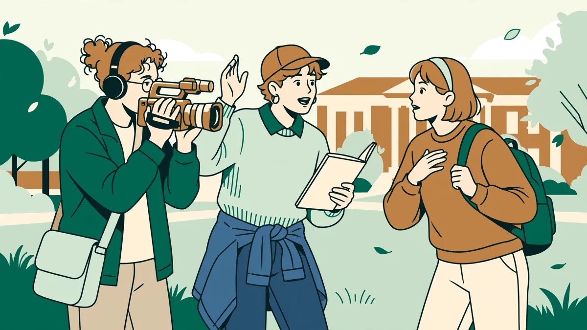 Trois étudiants tournent une courte scène en extérieur, l'un filme à la caméra, une autre tient un carnet de script, le troisième joue la scène