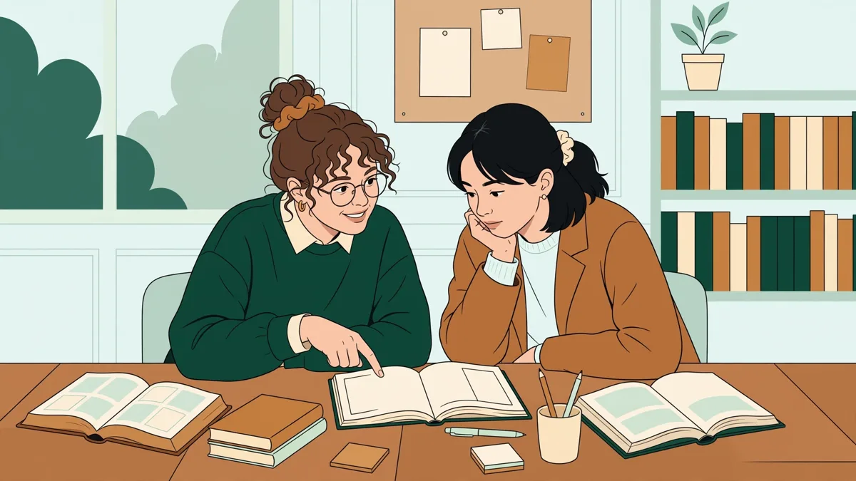 Deux étudiantes comparent leurs traductions autour d'une table, dictionnaires et romans ouverts, l'une pointant une phrase dans un carnet.