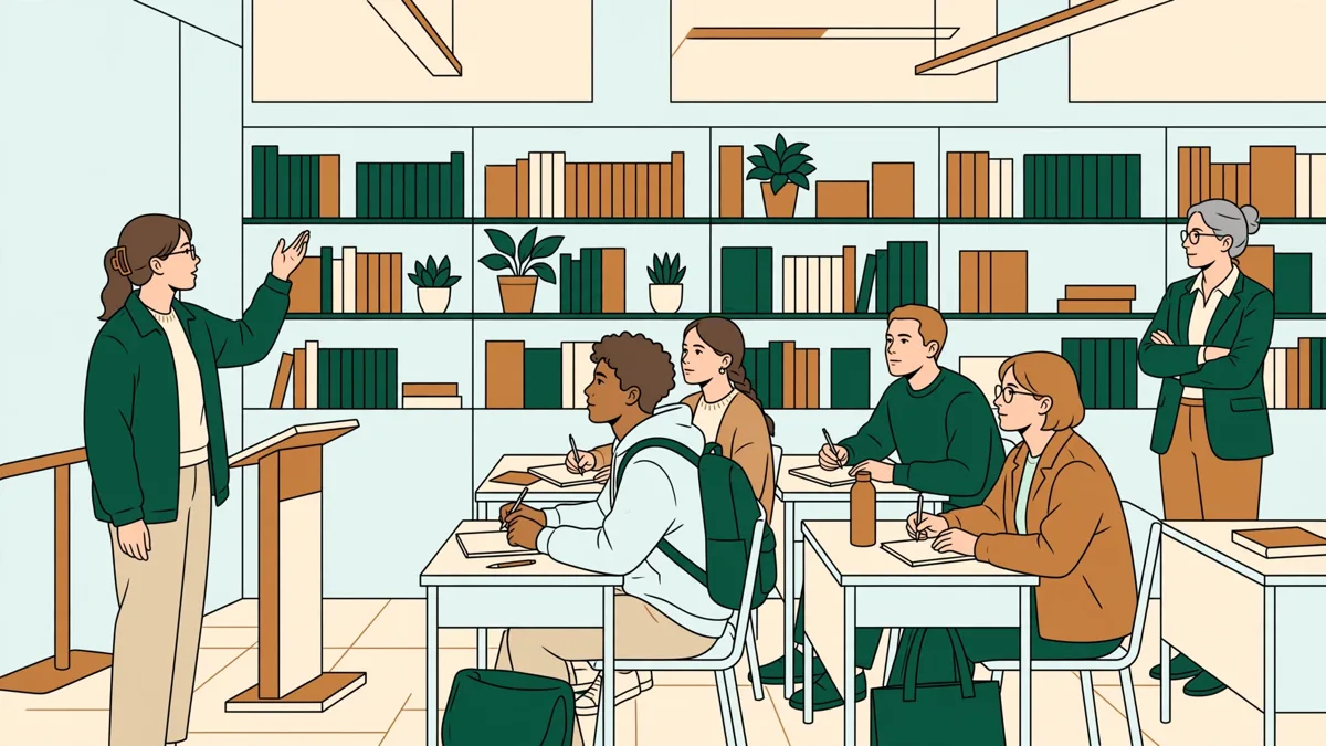 Un étudiant présente un exposé en anglais devant un petit groupe, camarades attentifs prenant des notes, enseignant en retrait près d'une bibliothèque.