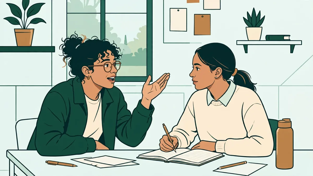 Deux étudiants qui répètent un dialogue en filipino face à face dans une salle de cours, l'un parle pendant que l'autre prend des notes