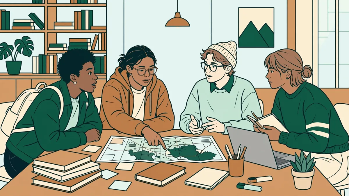Un petit groupe d'étudiants qui prépare un exposé autour d'une table avec des livres, des cartes et un ordinateur portable