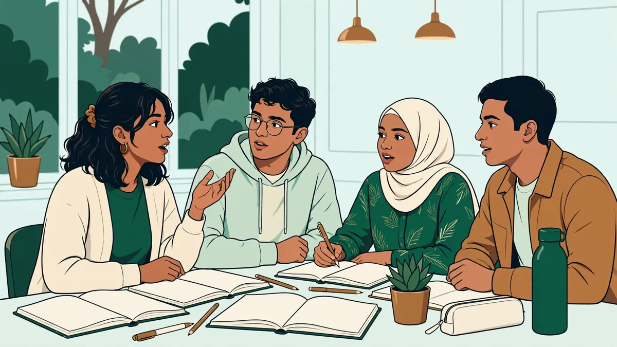 Petit groupe d'étudiants qui pratiquent une langue ensemble en classe, l'un parle pendant que les autres écoutent et répètent