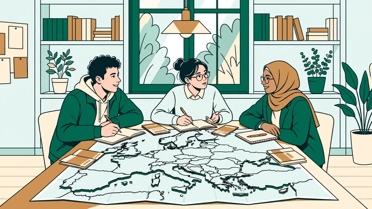 Trois étudiants autour d'une carte d'Europe étalée sur une table, comparant des brochures d'universités partenaires et prenant des notes.
