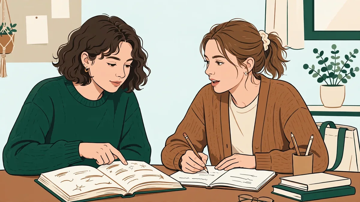 Deux étudiantes en tandem dans une salle de langue, l'une expliquant un texte allemand annoté, l'autre répondant en anglais avec un carnet ouvert.
