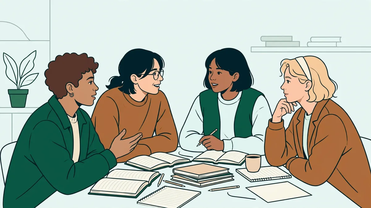 Petit groupe d'étudiants qui discutent en cours de langue autour d'une table avec des livres ouverts et des carnets