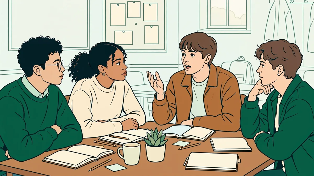 Petit groupe d'étudiants autour d'une table qui discutent d'un texte, livres ouverts et carnets devant eux