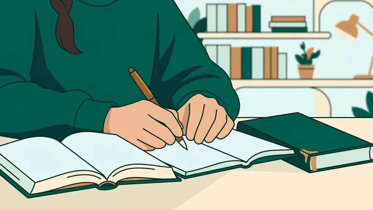 Étudiante qui traduit un livre allemand ouvert, dictionnaire et carnet à côté d'elle