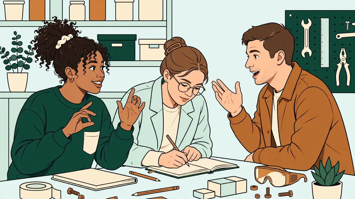 Trois étudiants en atelier : l'une signe, l'autre prend des notes, le troisième reformule à l'oral.