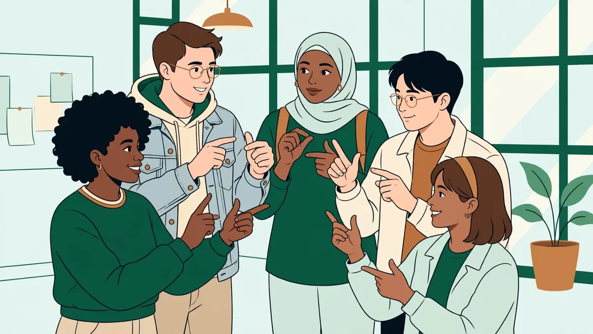 Des étudiants debout en cercle dans une salle de cours signent entre eux et échangent avec concentration.