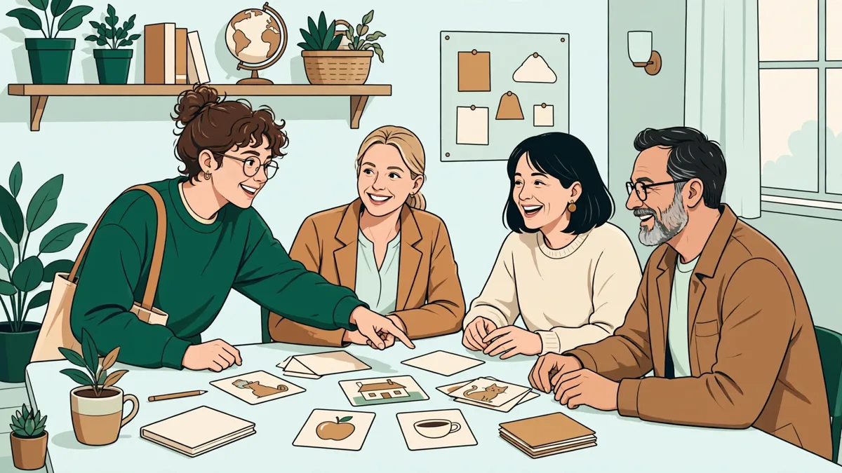 Une étudiante qui anime un petit atelier de français pour des adultes apprenants autour d'une table avec des images et des cartes de vocabulaire