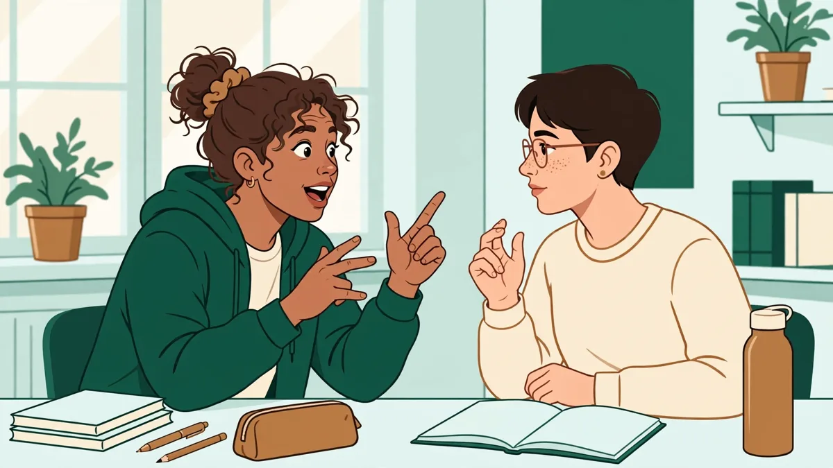 Deux étudiantes face à face qui pratiquent la langue des signes dans une salle de cours, l'une signe une phrase pendant que l'autre la reformule