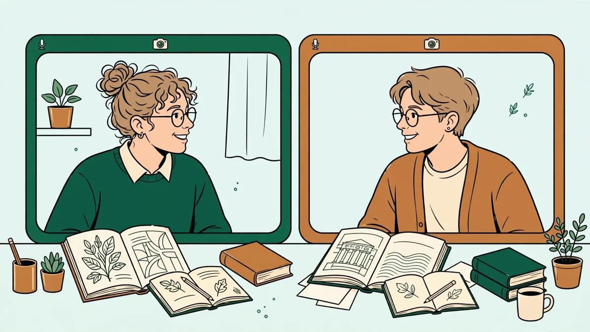 Deux étudiants en visio qui comparent des livres ouverts dans deux langues, avec carnets et dictionnaires autour d'eux.