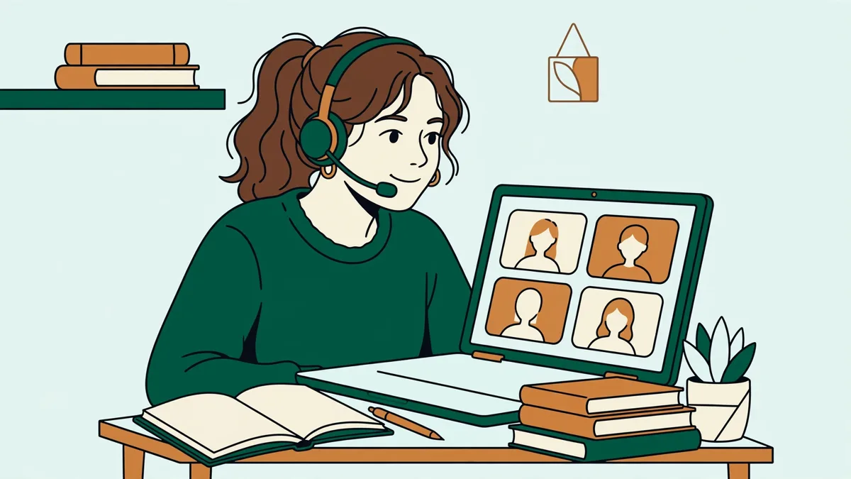 Une étudiante devant son ordinateur portable en visioconférence de langue, carnet et casque sur un bureau, dans une chambre claire.