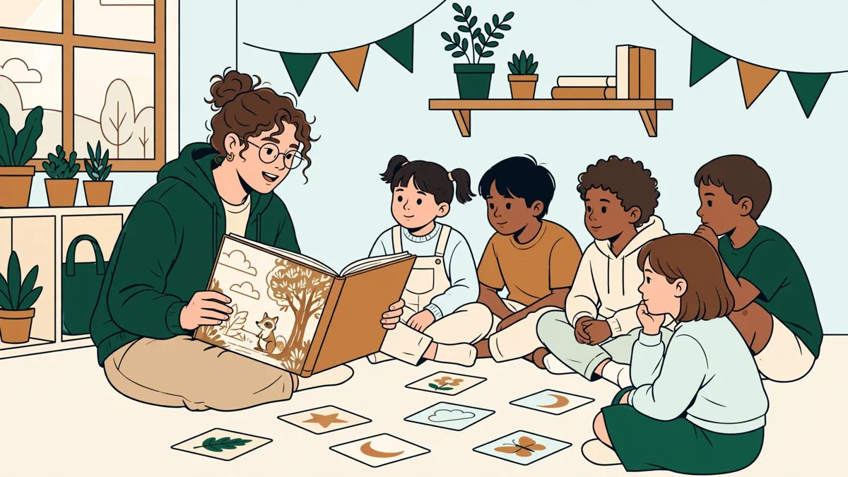Une étudiante lit un album illustré à voix haute devant un petit groupe d'étudiants assis en cercle, avec des flashcards dans deux langues posées au sol.