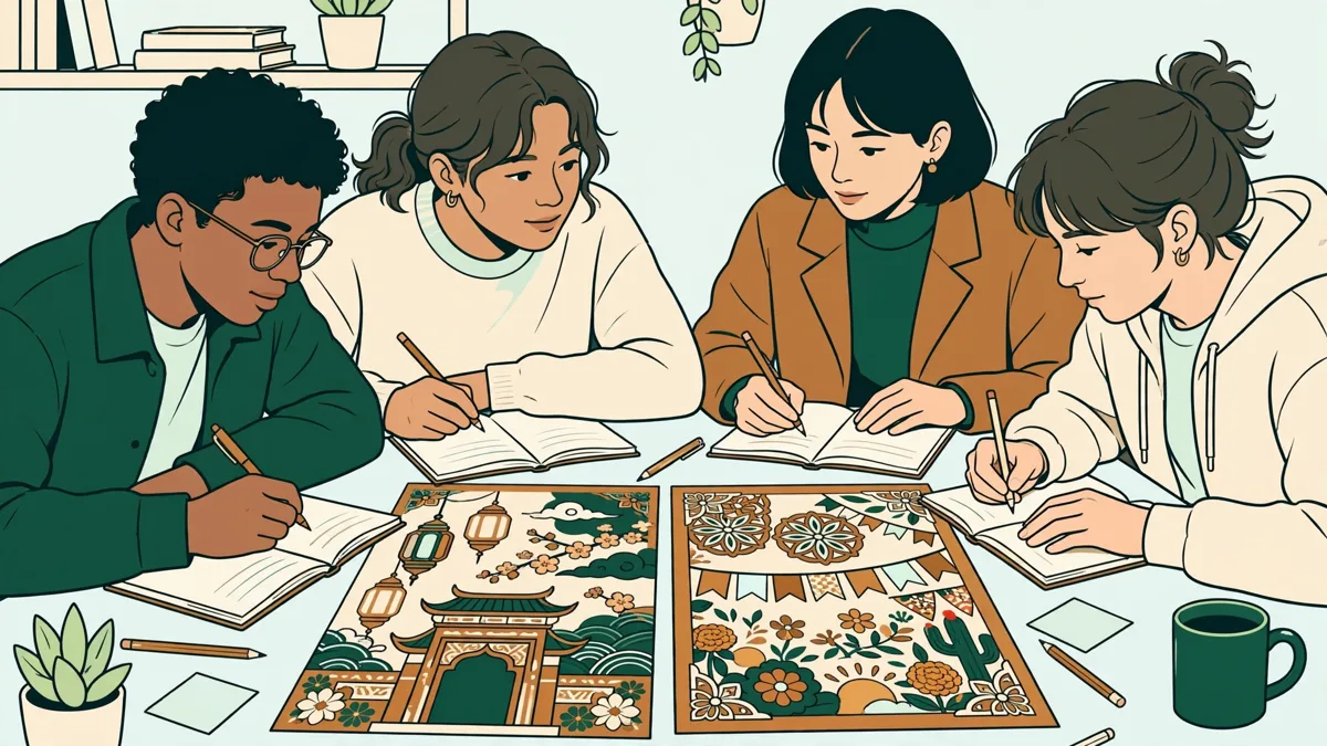 Quatre étudiants autour d'une table comparent deux affiches de fêtes traditionnelles de pays différents et prennent des notes dans un carnet.