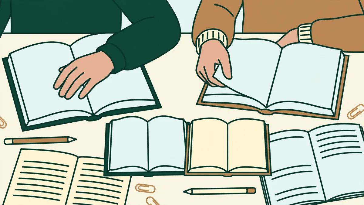 Deux étudiants côte à côte en bibliothèque comparent un roman et sa traduction, dictionnaires et carnets ouverts sur la table.