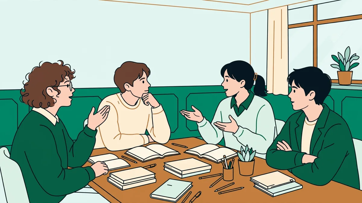 Petit groupe d'étudiants qui débattent autour d'une table couverte de romans en anglais ouverts et de carnets, dans une salle de séminaire lumineuse.