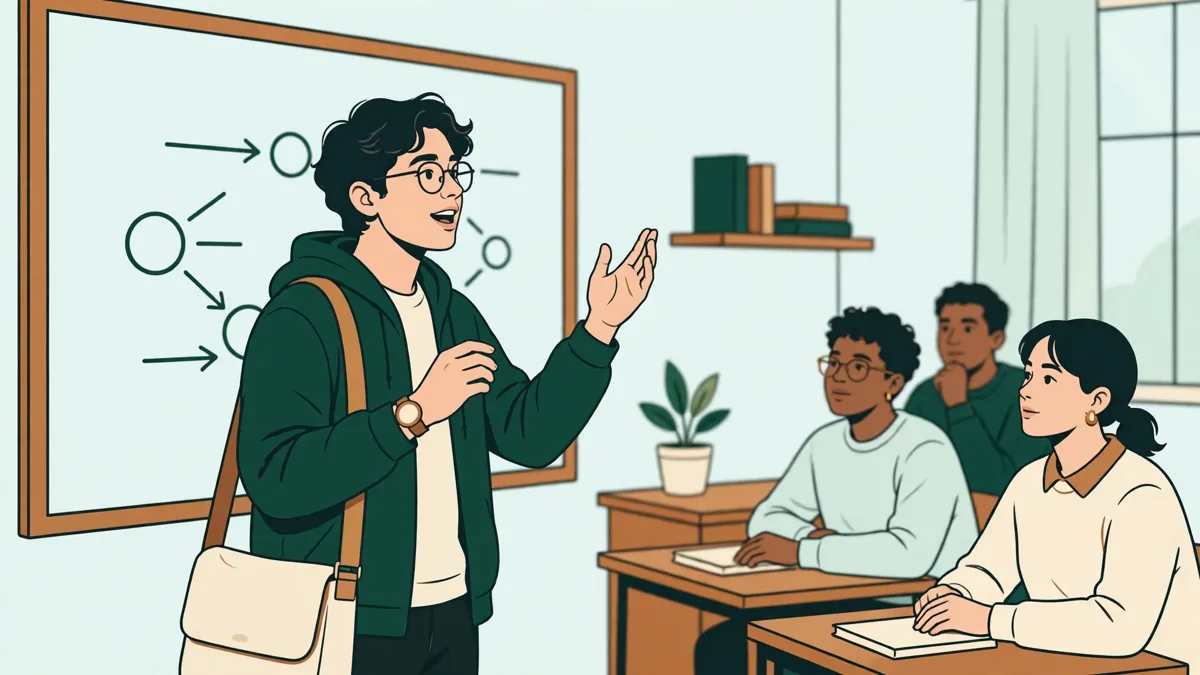 Une étudiante qui fait un exposé en anglais devant sa classe, debout près du tableau, pendant que ses camarades l'écoutent.