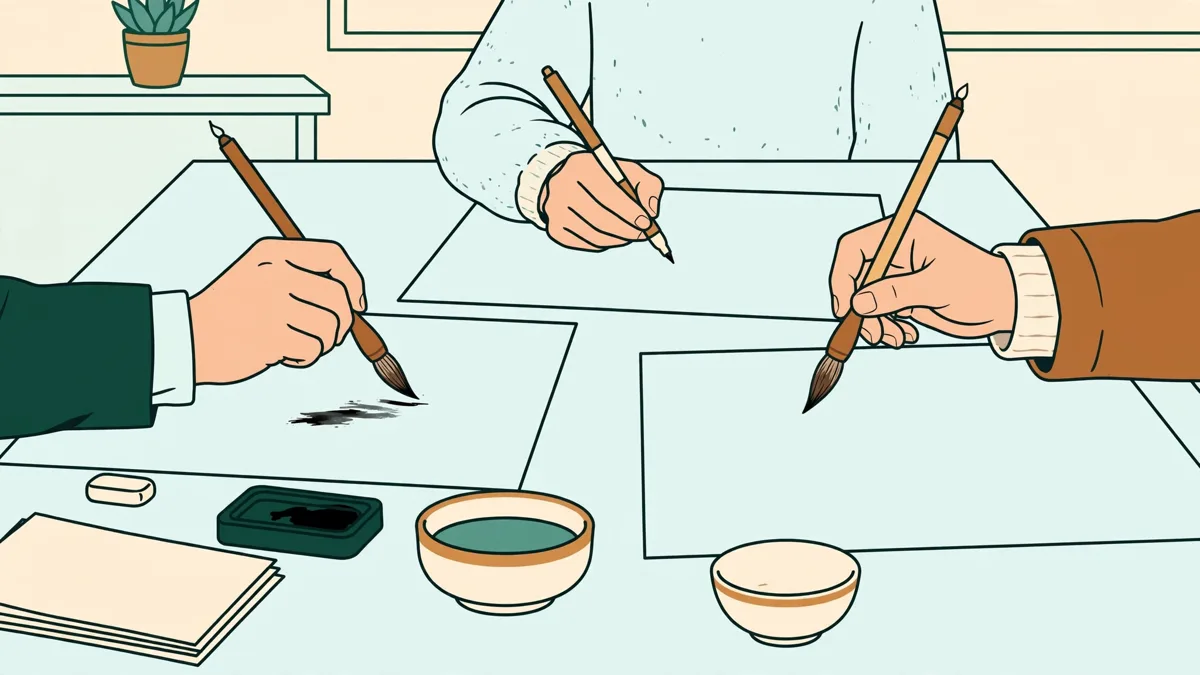Illustration dessinée : trois étudiants autour d'une table tracent des caractères chinois au pinceau et au feutre sur de grandes feuilles, l'un compare avec un modèle.