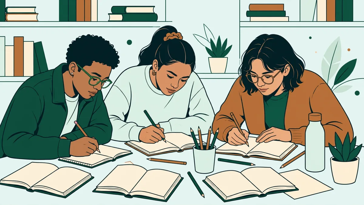 Trois étudiants autour d'une table de bibliothèque qui lisent et annotent des livres ouverts