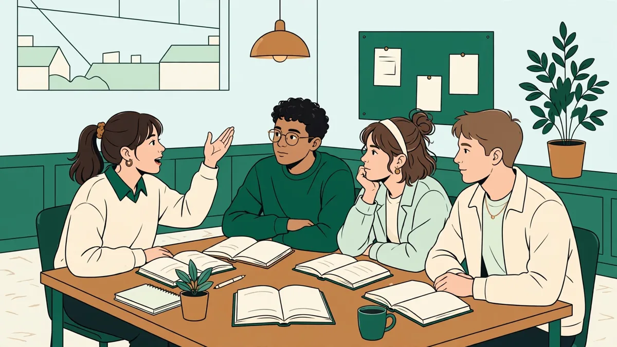 Petit groupe d'étudiants qui débattent en espagnol autour d'une table de séminaire, livres ouverts, l'une d'elles prend la parole