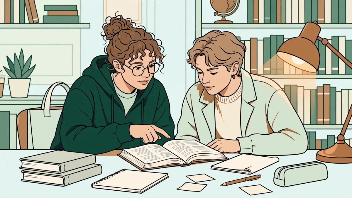 Deux étudiantes qui travaillent une traduction ensemble à une table de bibliothèque, dictionnaires et carnets ouverts, l'une montre un passage