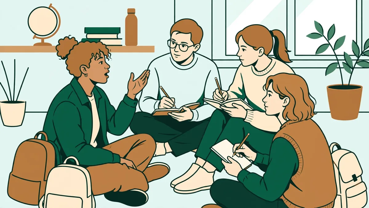 Petit groupe d’étudiants en cercle qui pratiquent une langue étrangère à l’oral, l’un parle pendant que les autres écoutent et prennent des notes