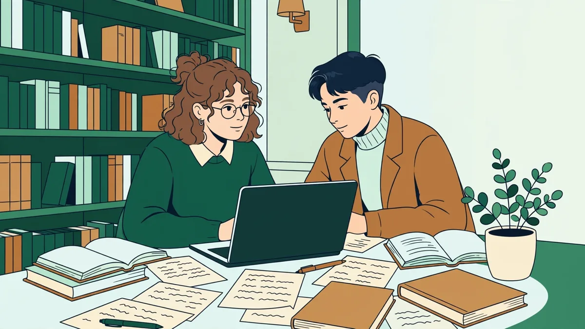 Deux étudiantes qui comparent une traduction sur un ordinateur portable, entourées de livres et de notes manuscrites
