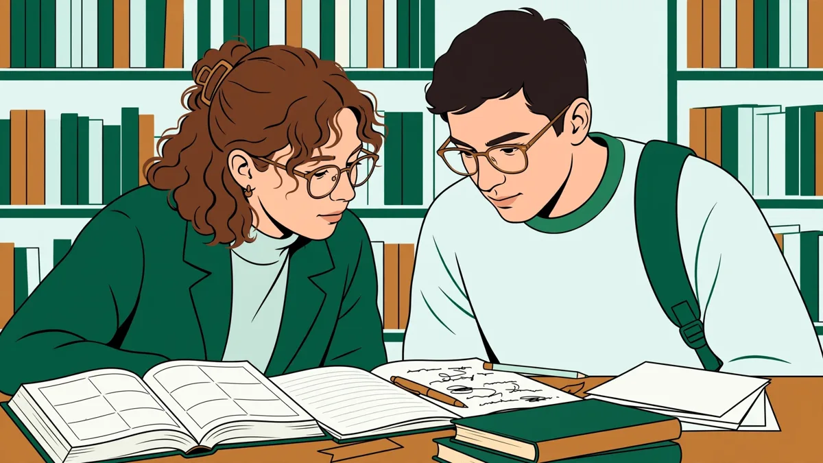 Deux étudiantes qui traduisent ensemble un roman suédois en bibliothèque, dictionnaire ouvert et carnets devant elles.