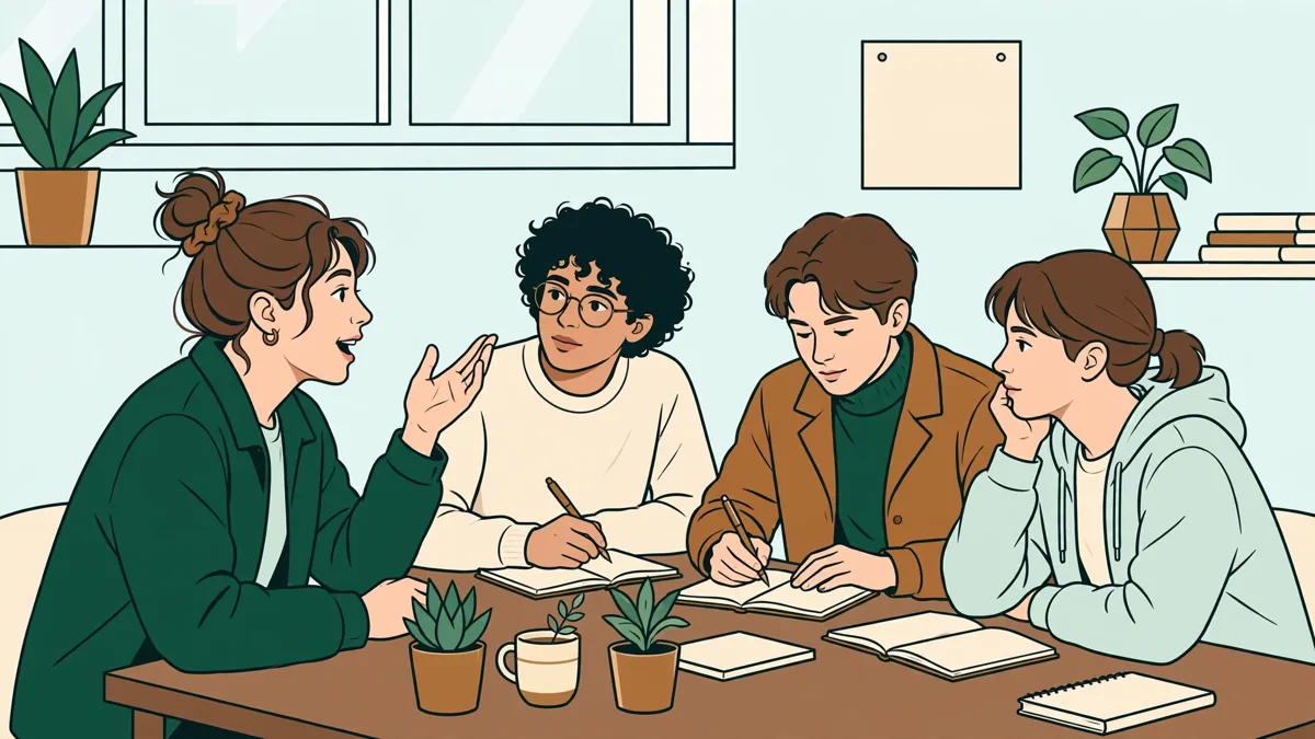 Petit groupe d'étudiants qui pratiquent le suédois à l'oral autour d'une table, l'un parle pendant que les autres écoutent et prennent des notes.