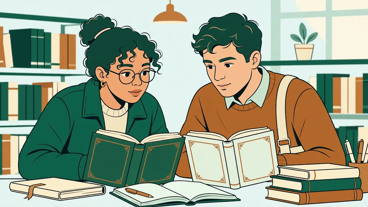 Deux étudiantes en bibliothèque qui comparent un roman nordique et sa traduction en prenant des notes sur un carnet.