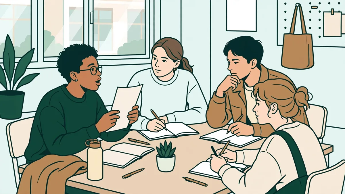 Petit groupe d'étudiants qui pratiquent une langue nordique à l'oral autour d'une table, l'un lit un dialogue pendant que les autres écoutent et prennent des notes.