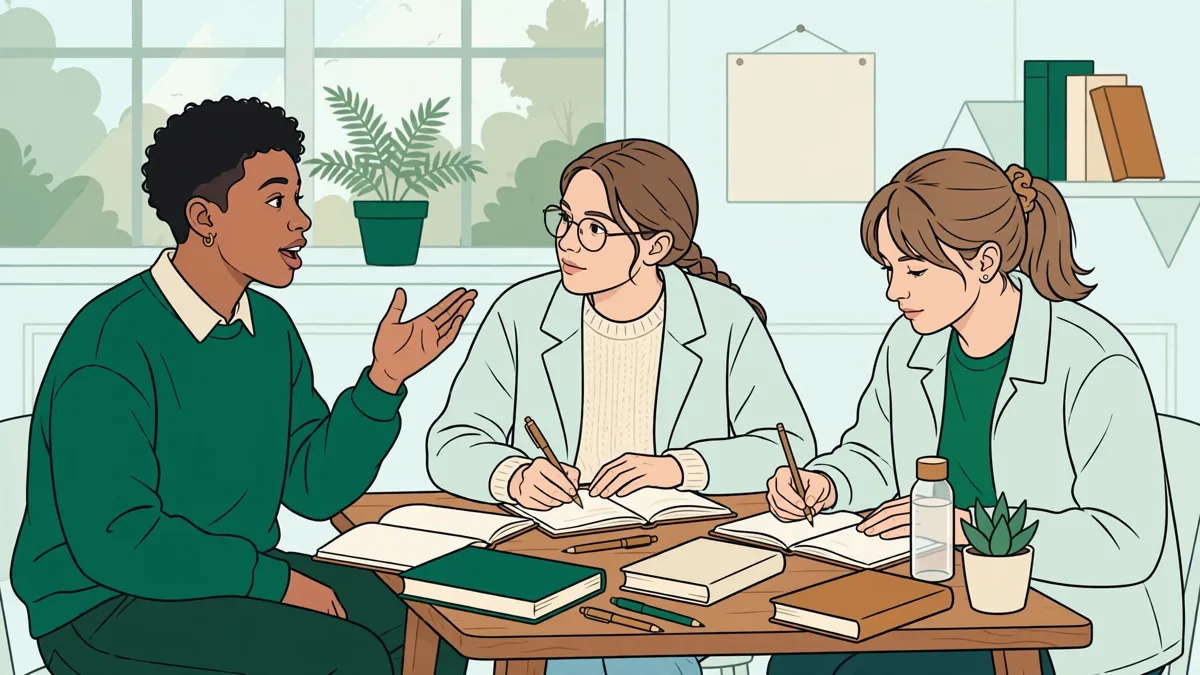 Trois étudiants autour d'une petite table en classe qui pratiquent la langue orale ensemble, l'un parle avec un geste expressif pendant que les autres écoutent et prennent des notes