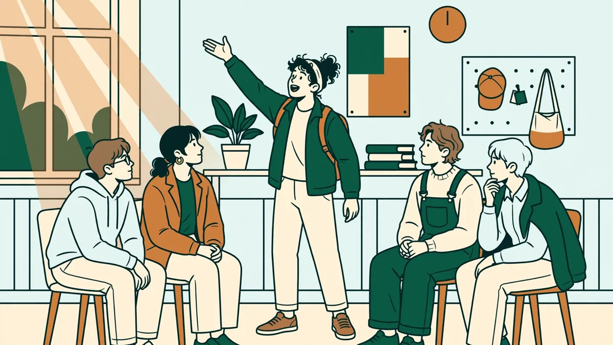 Cinq étudiants qui jouent une courte scène de théâtre dans une salle de classe, l'un debout joue avec un geste expressif pendant que les autres observent assis en demi-cercle