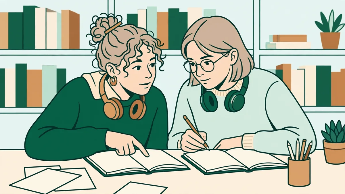 Deux étudiantes comparant des textes en allemand et en espagnol avec carnets et casque, en bibliothèque.